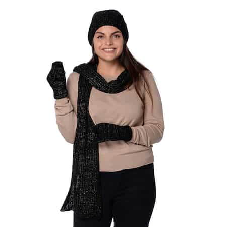 Purple, Golden Knitted Beanie (8x9), Scarf (84x12) and Gloves image number 0