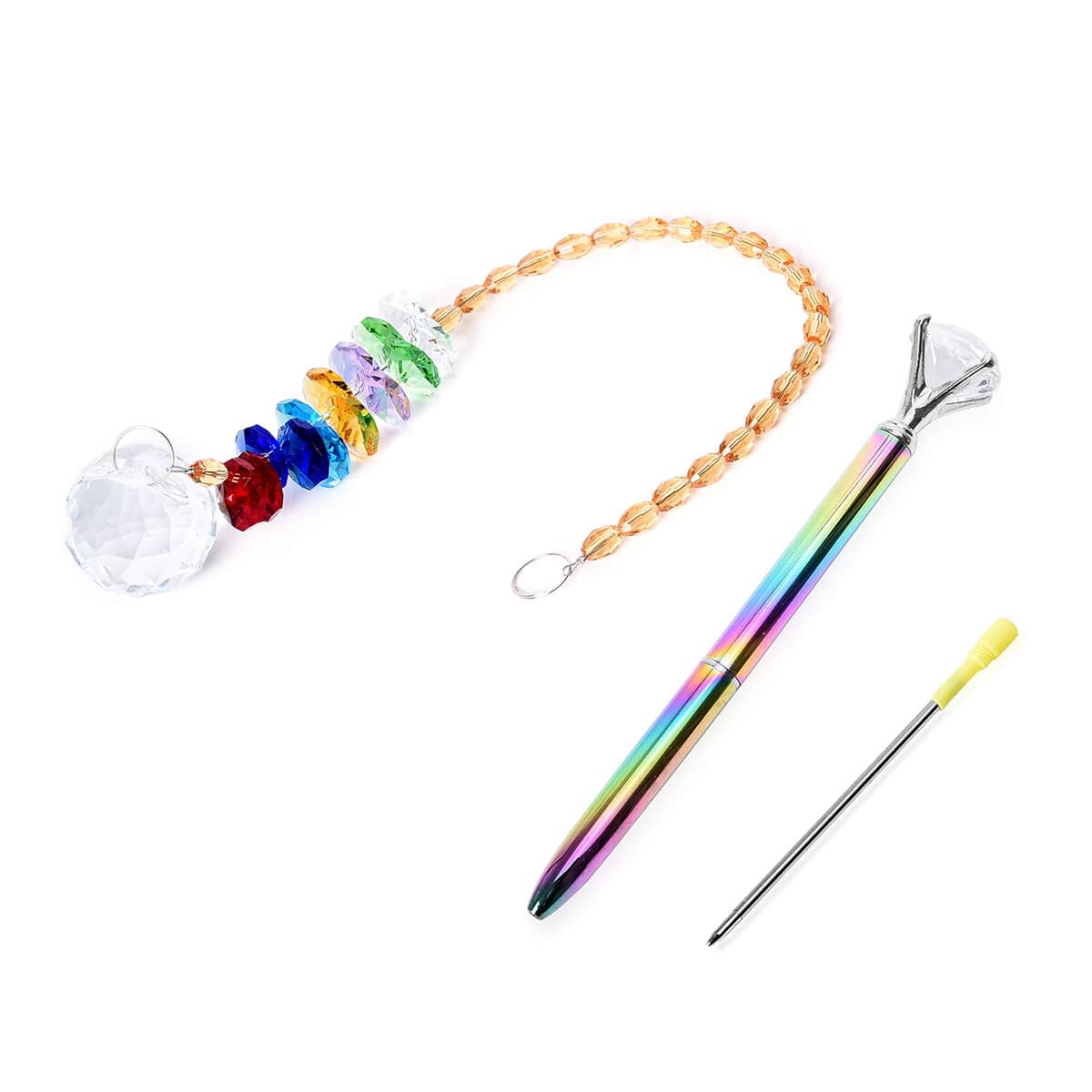 3pc Set Clear and Multi Color Suncatcher and Diamond Shape Ball Pen in Stainless Steel with 1 Extra Refill image number 0