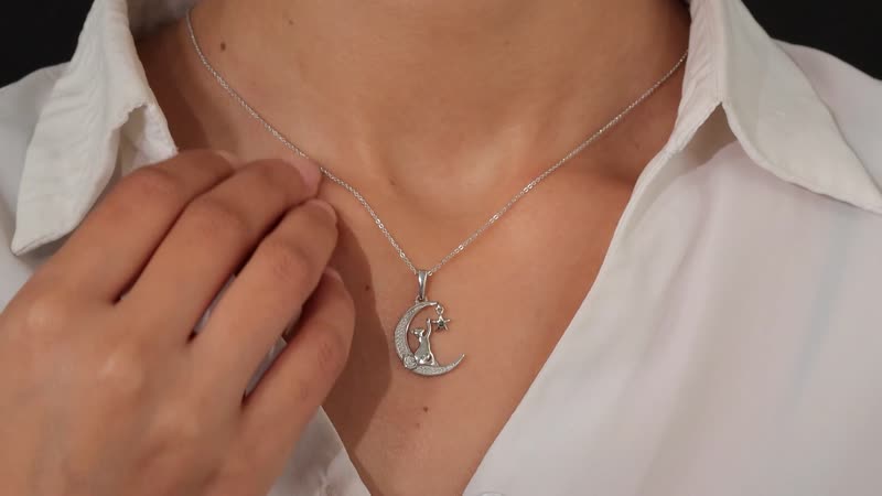 Blue Diamond Accent Moon and Star Pendant Necklace 20 Inch in Platinum Over Sterling Silver and Stainless Steel