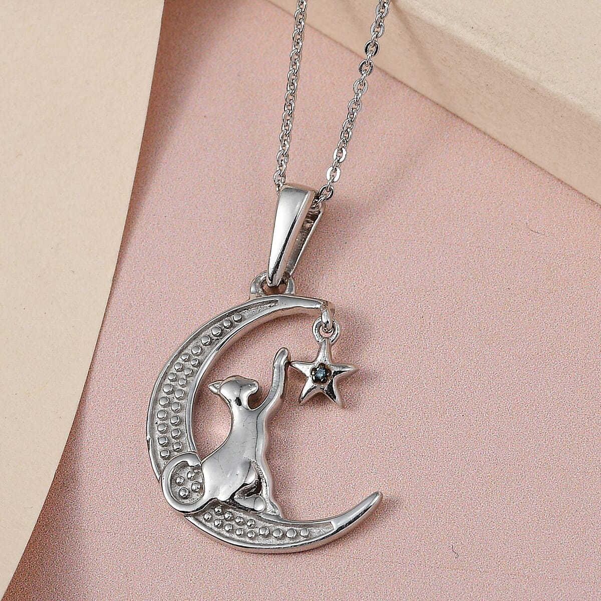 Blue Diamond Accent Moon & Star Pendant in Platinum Over Sterling Silver with Stainless Steel Necklace 20 Inches image number 1