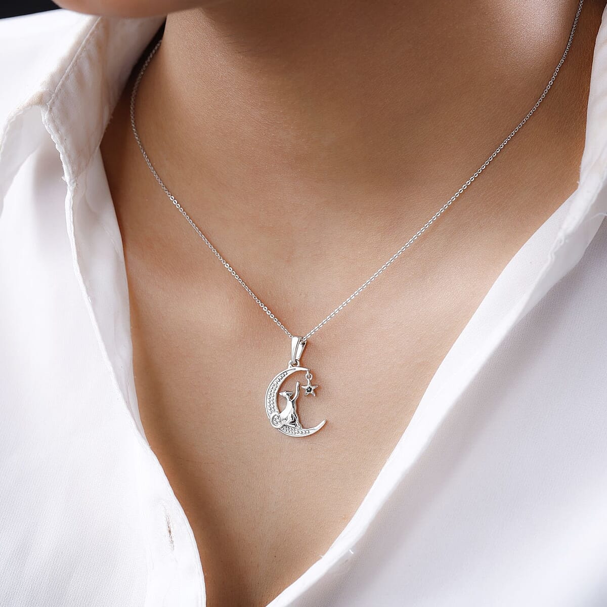 Blue Diamond Accent Moon & Star Pendant in Platinum Over Sterling Silver with Stainless Steel Necklace 20 Inches image number 2