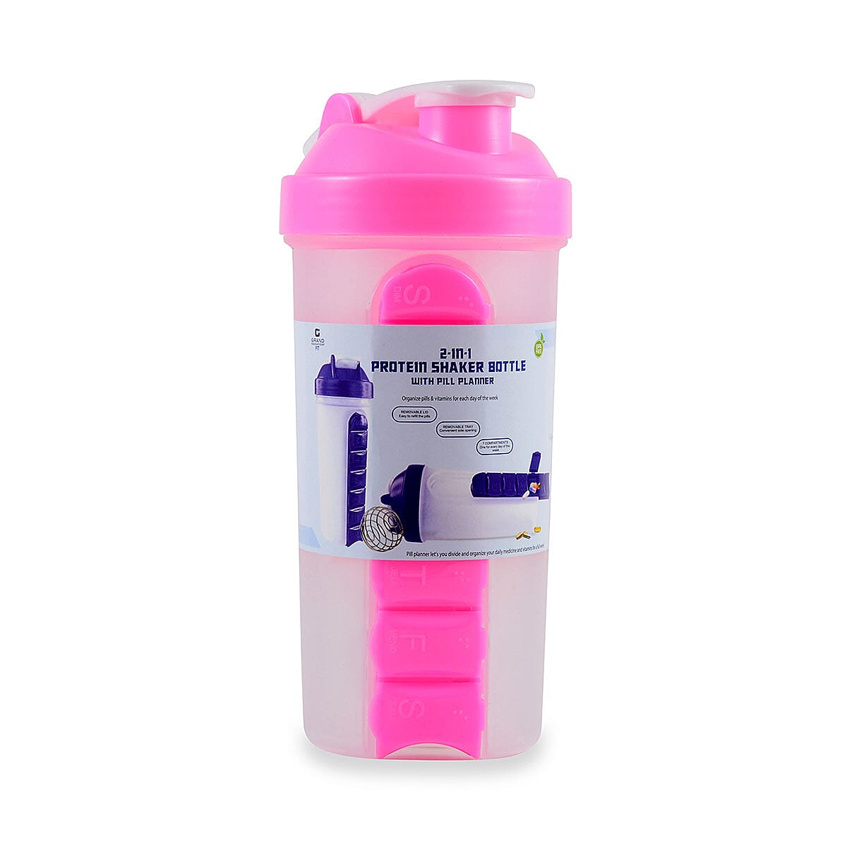 2-in-1 Protein Shaker Bottle with Pill Planner - Pink, 20oz
