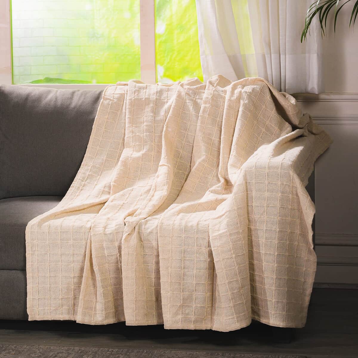 Ivory Square Button Pattern Cotton Throw Blanket , Cotton Blanket , Soft Blanket , Bed Throws , Cozy Blanket image number 1