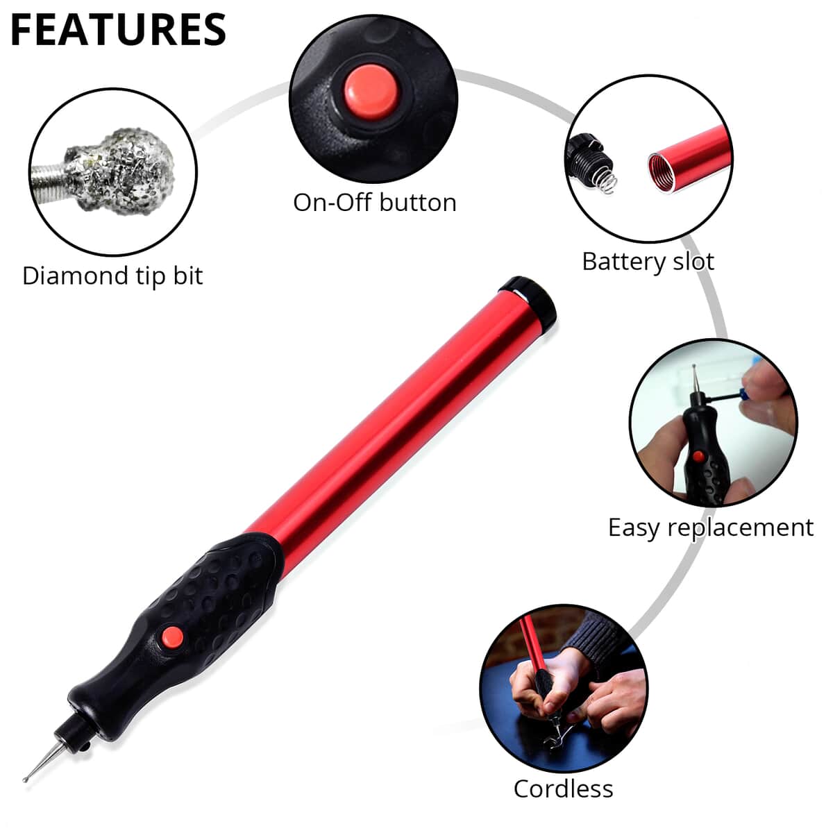 Cordless Engraving Pen in Stainless Steel -Red (2AAA Not Included) image number 2