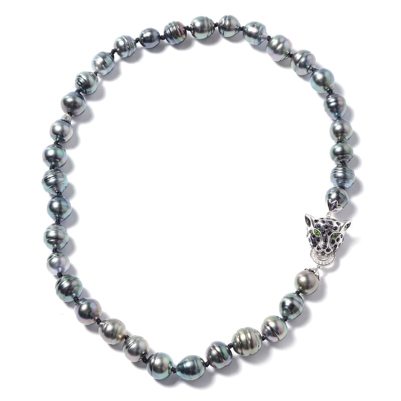 Tahitian Cultured Pearl 10-11 mm and Multi Gemstone Leopard Head Necklace 18 Inch in Rhodium & Sterling Silver 0.65 ctw