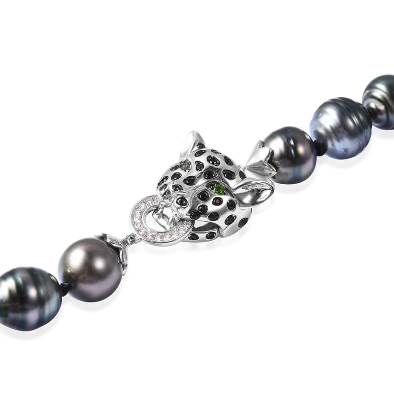 Tahitian Cultured Pearl 10-11 mm and Multi Gemstone Leopard Head Necklace 18 Inch in Rhodium & Sterling Silver 0.65 ctw