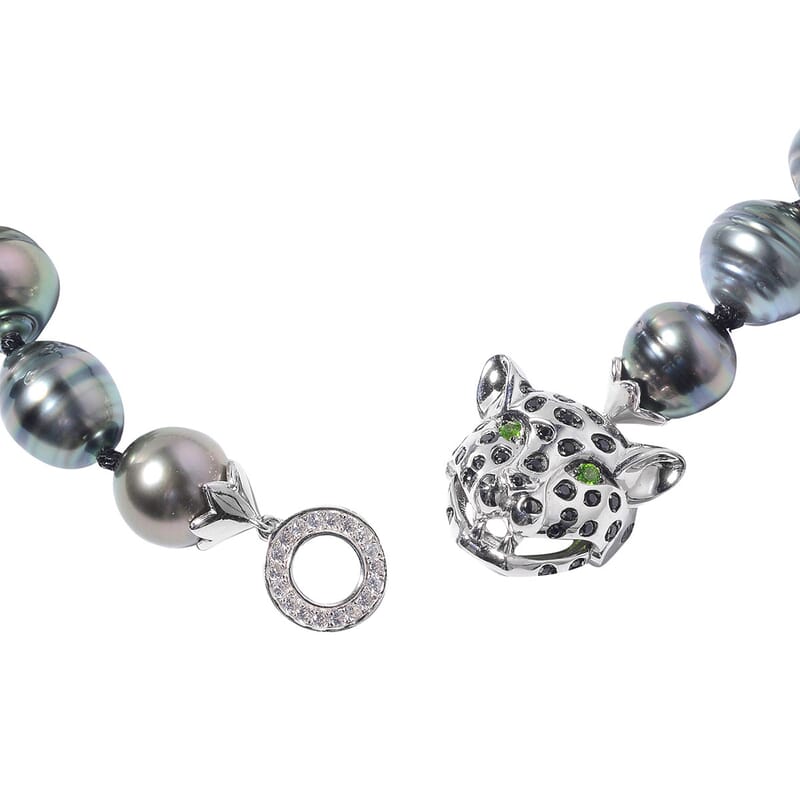 Tahitian Cultured Pearl 10-11 mm and Multi Gemstone Leopard Head Necklace 18 Inch in Rhodium & Sterling Silver 0.65 ctw