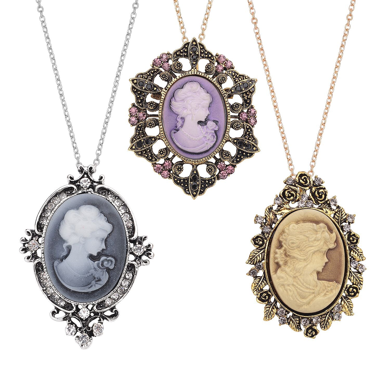 Set of 3 Cameo and Multi Crystal Antique Brooch Pendants with Necklace 24 Inches in Dualtone