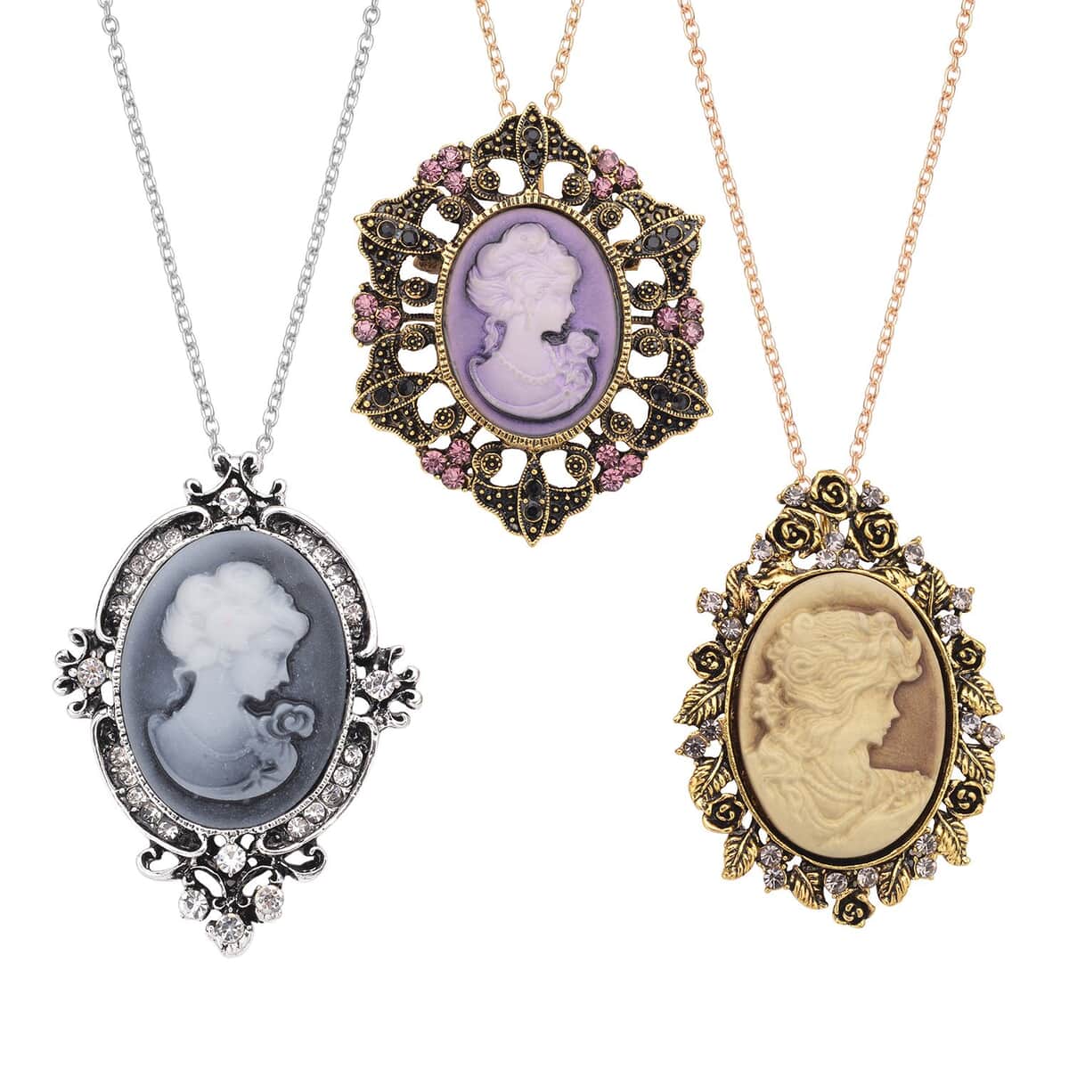 Set of 3 Cameo and Multi Crystal Antique Brooch Pendants with Necklace 24 Inches in Dualtone image number 0