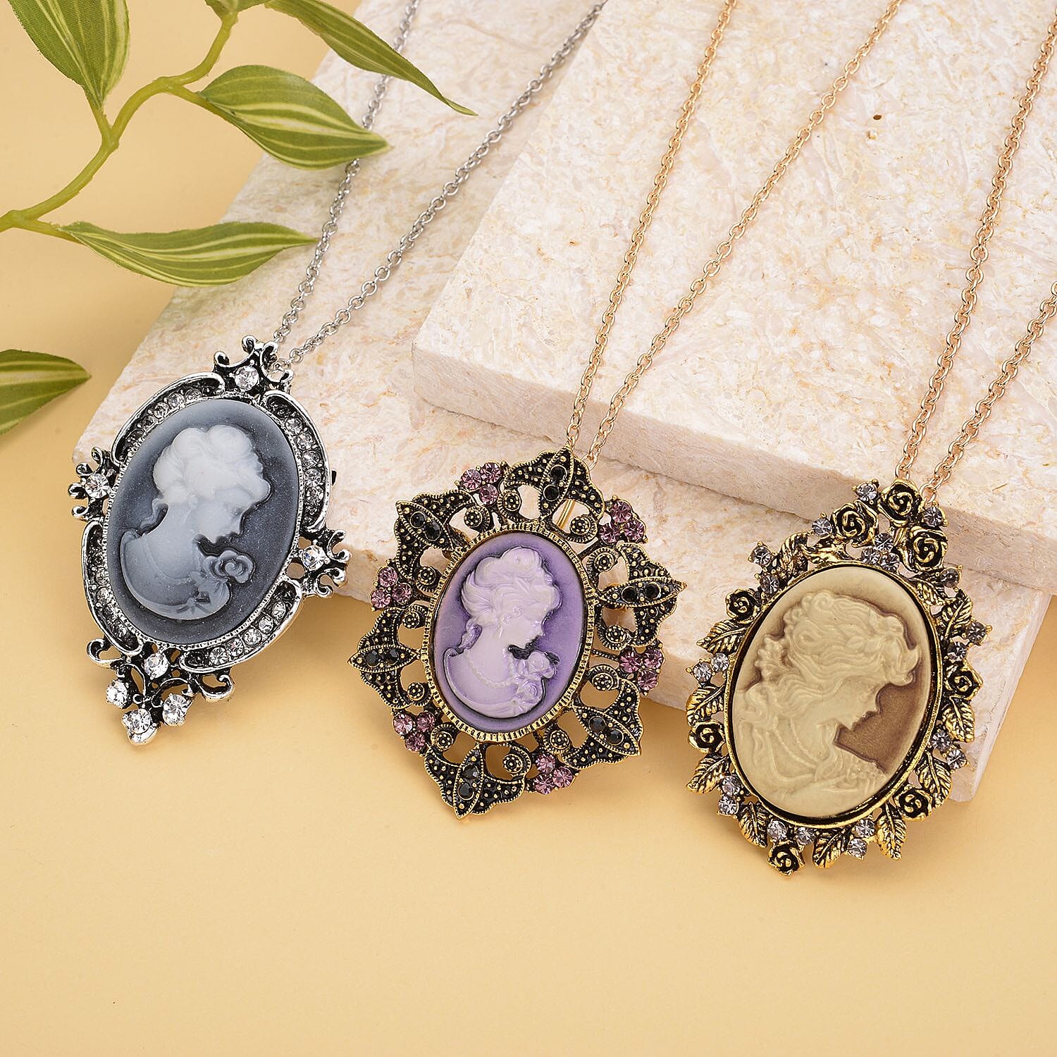 Set of 3 Cameo and Multi Crystal Antique Brooch Pendants with Necklace 24 Inches in Dualtone