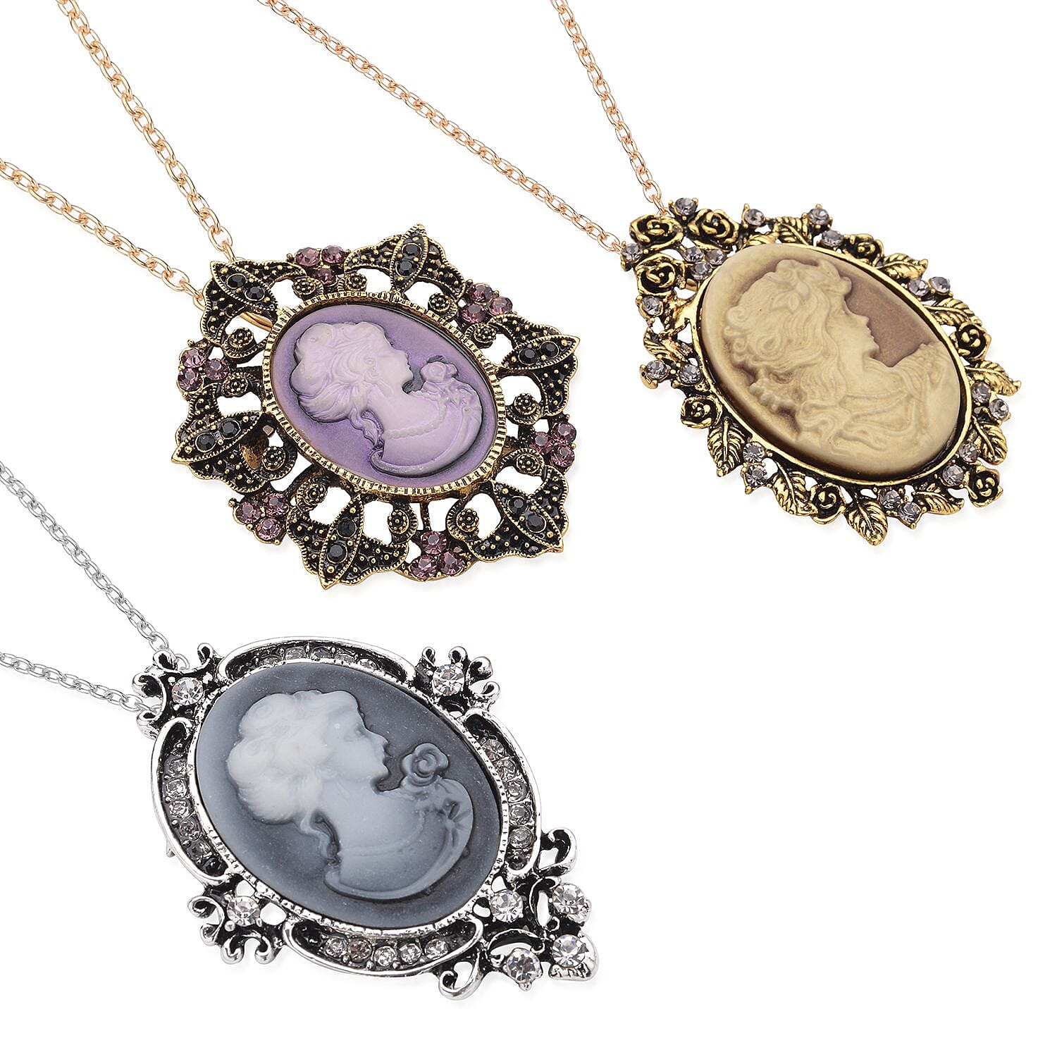 Set of 3 Cameo and Multi Crystal Antique Brooch Pendants with Necklace 24 Inches in Dualtone