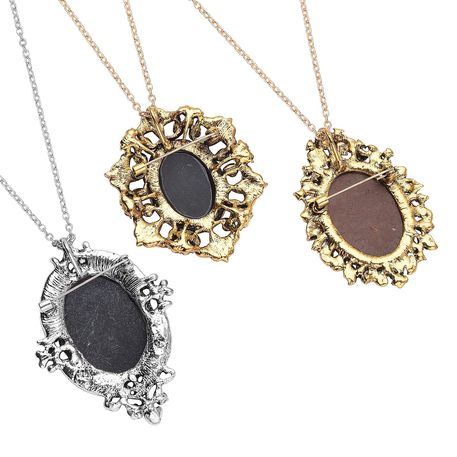 Set of 3 Cameo and Multi Crystal Antique Brooch Pendants with Necklace 24 Inches in Dualtone