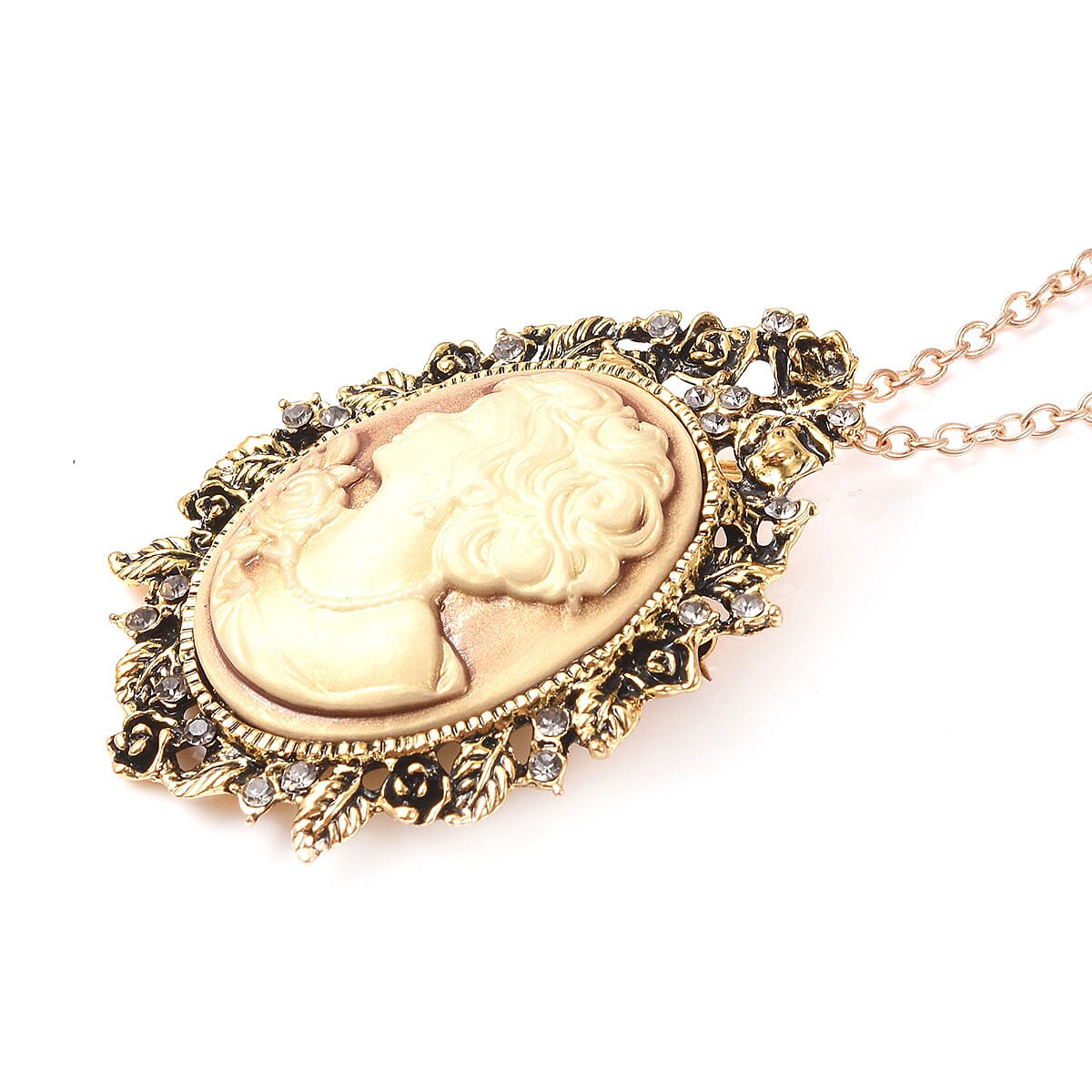 Set of 3 Cameo and Multi Crystal Antique Brooch Pendants with Necklace 24 Inches in Dualtone