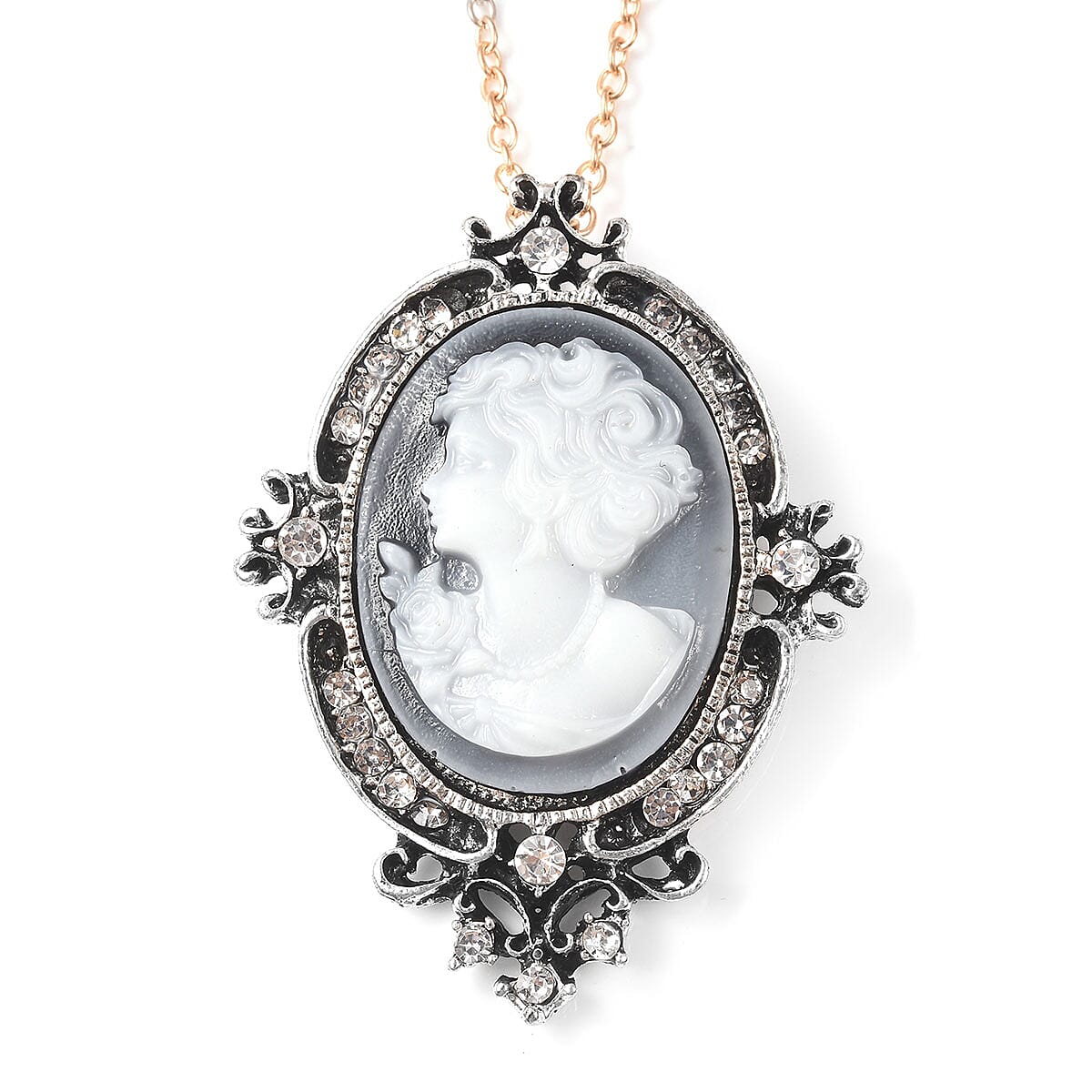 Set of 3 Cameo and Multi Crystal Antique Brooch Pendants with Necklace 24 Inches in Dualtone