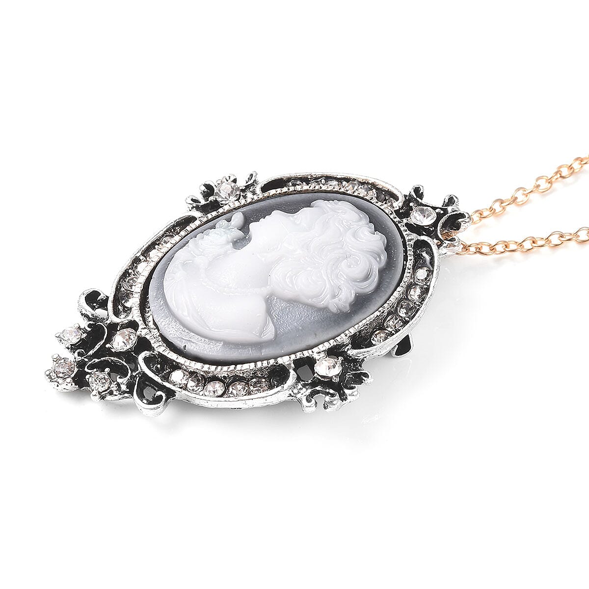 Set of 3 Cameo and Multi Crystal Antique Brooch Pendants with Necklace 24 Inches in Dualtone