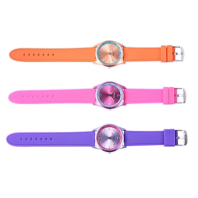 Value Buy Set of 3 Strada Japanese Movement Multi Color Watches with Silicone Strap & Stainless Steel Back