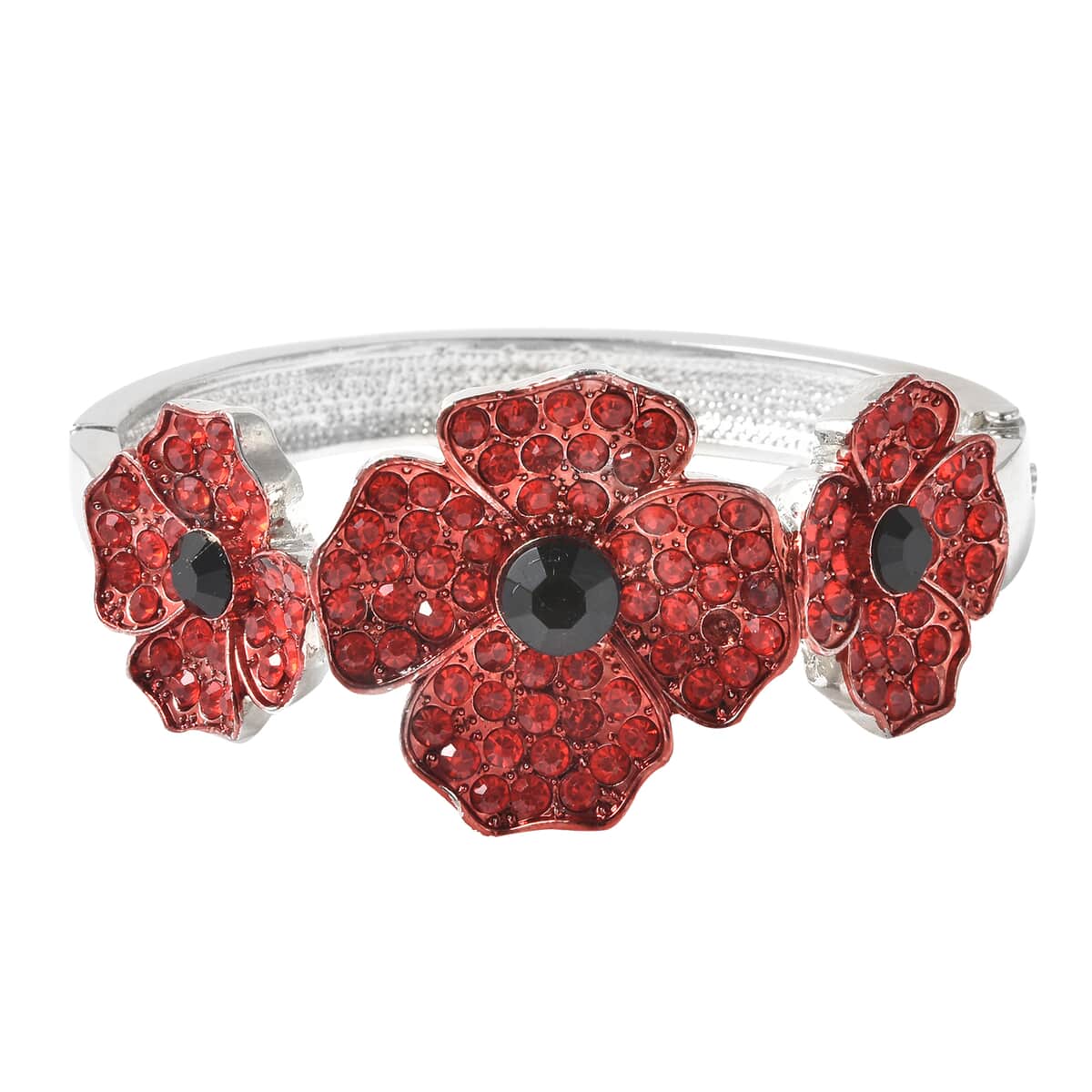 Simulated Black Pearl, Red and Black Austrian Crystal Enameled Poppy Design Bangle Bracelet in Silvertone (7 in) image number 0