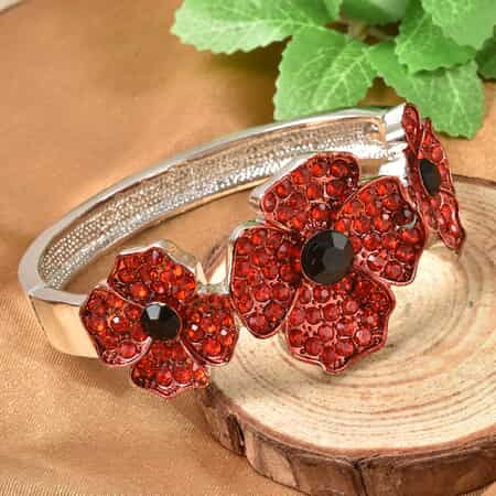 Simulated Black Pearl, Red and Black Austrian Crystal Enameled Poppy Design Bangle Bracelet in Silvertone (7 in) image number 1