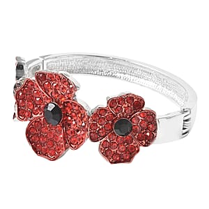 Simulated Black Pearl, Red and Black Austrian Crystal Enameled Poppy Design Bangle Bracelet in Silvertone (7 in)