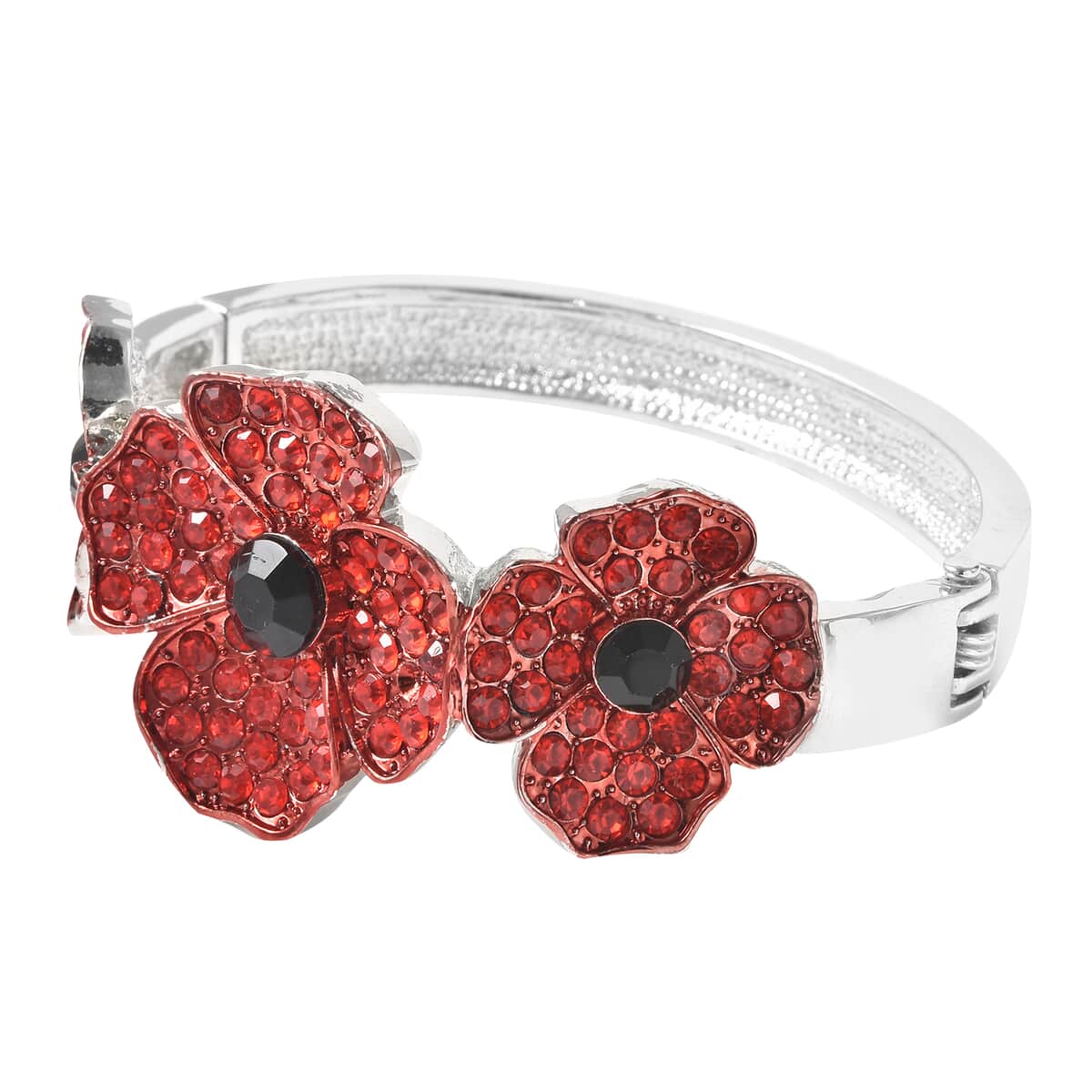 Simulated Black Pearl, Red and Black Austrian Crystal Enameled Poppy Design Bangle Bracelet in Silvertone (7 in) image number 3