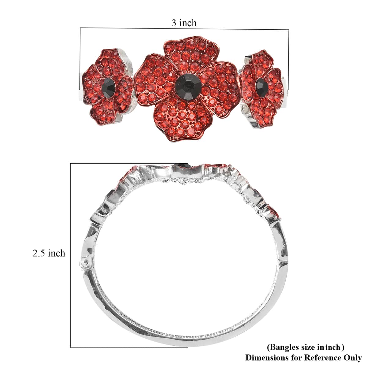 Simulated Black Pearl, Red and Black Austrian Crystal Enameled Poppy Design Bangle Bracelet in Silvertone (7 in) image number 5