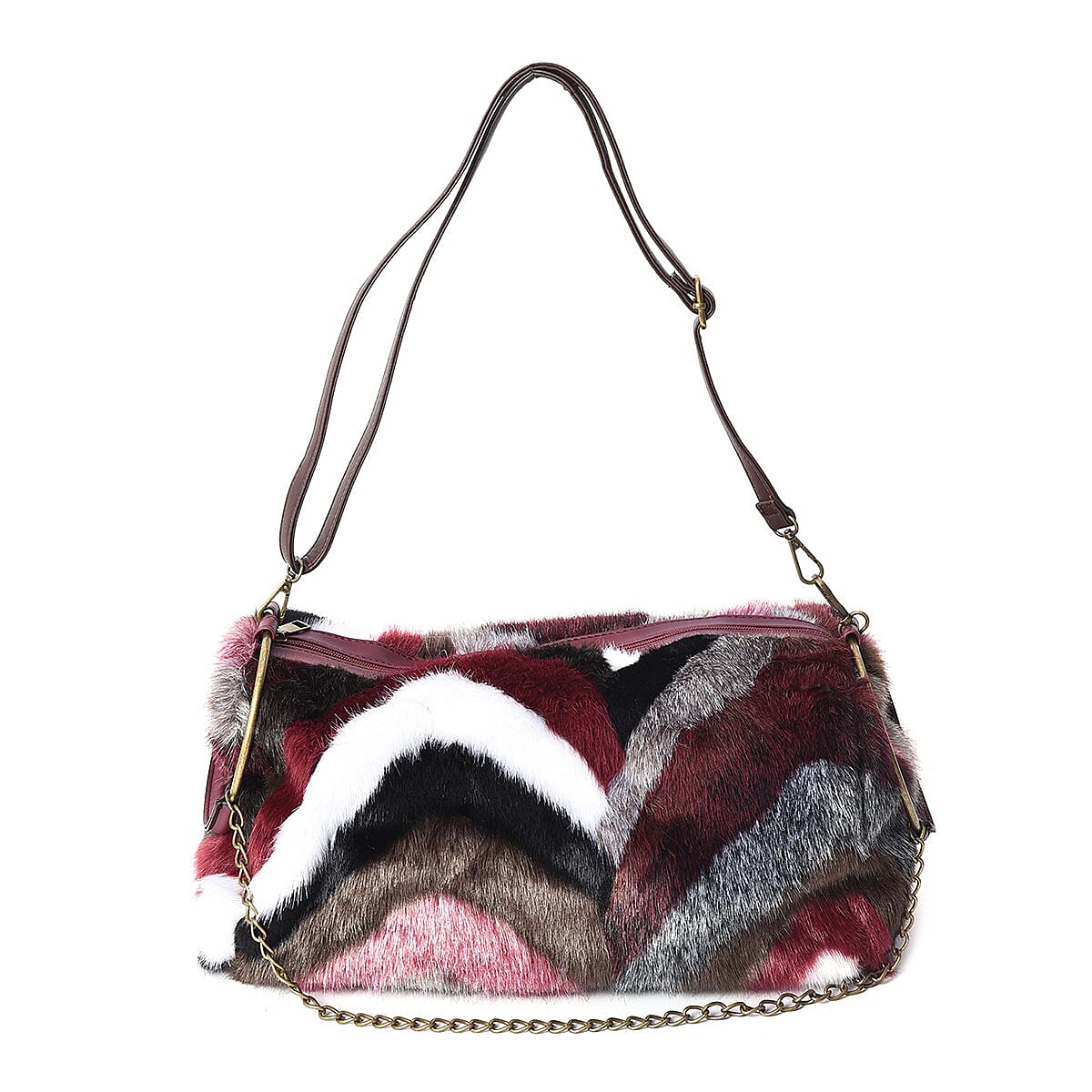 Burgundy, Multi Color Chevron Acrylic Faux Fur Boho Tote Bag (18x10x4) with Detachable Shoulder Strap and Standing Studs