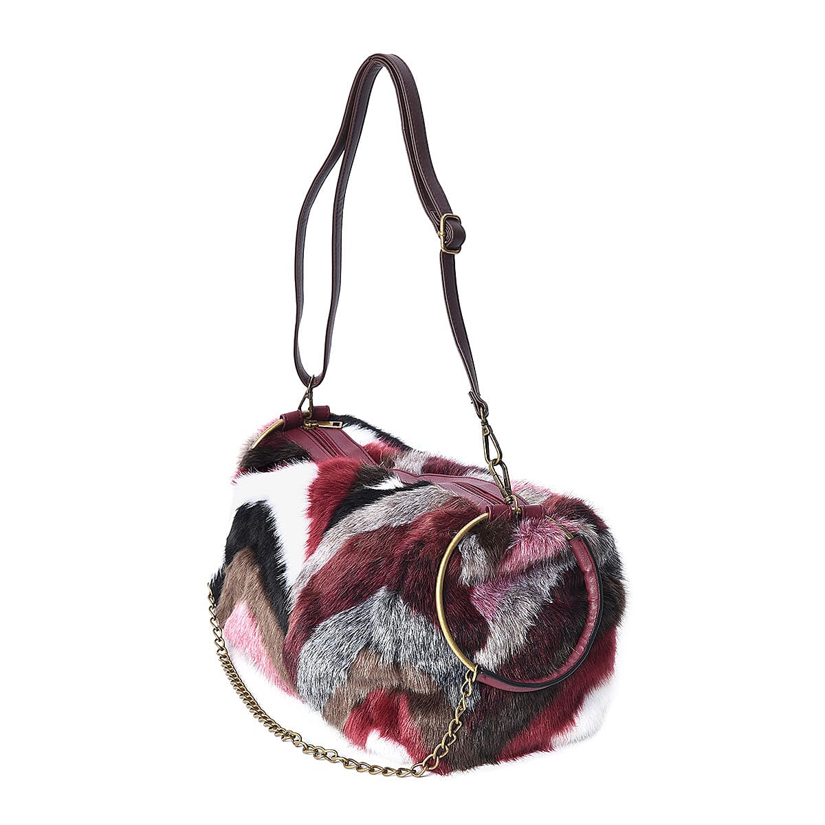 Burgundy, Multi Color Chevron Acrylic Faux Fur Boho Tote Bag (18x10x4) with Detachable Shoulder Strap and Standing Studs image number 1