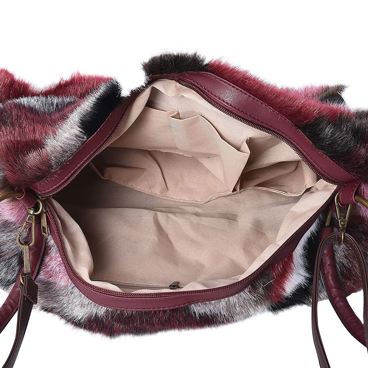 Burgundy, Multi Color Chevron Acrylic Faux Fur Boho Tote Bag (18x10x4) with Detachable Shoulder Strap and Standing Studs image number 2