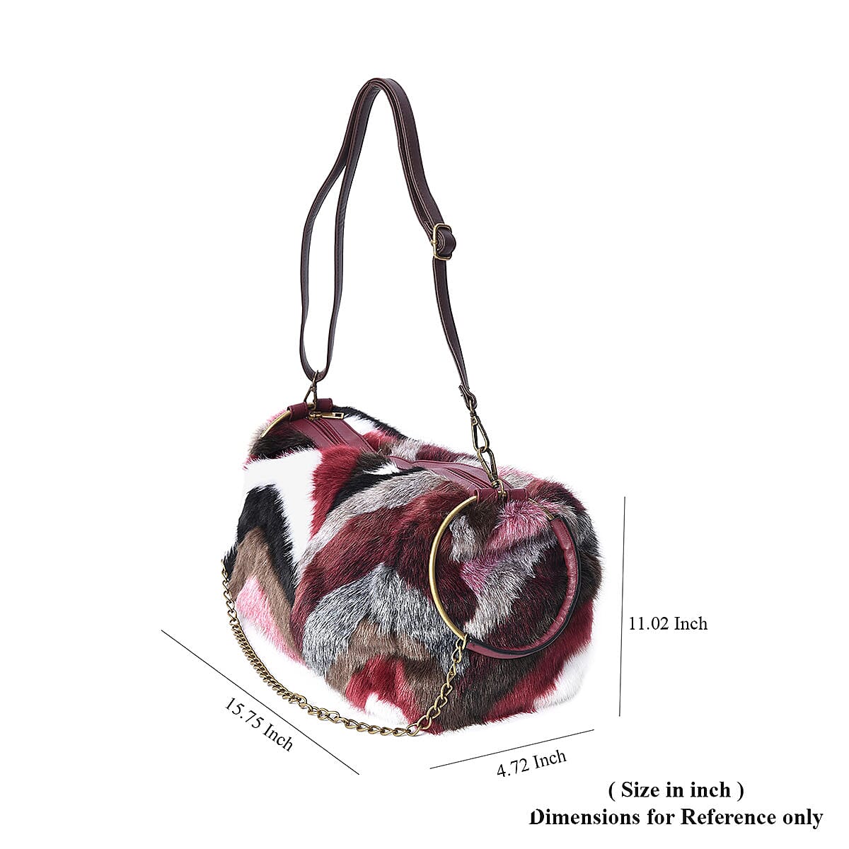 Burgundy, Multi Color Chevron Acrylic Faux Fur Boho Tote Bag (18x10x4) with Detachable Shoulder Strap and Standing Studs image number 3