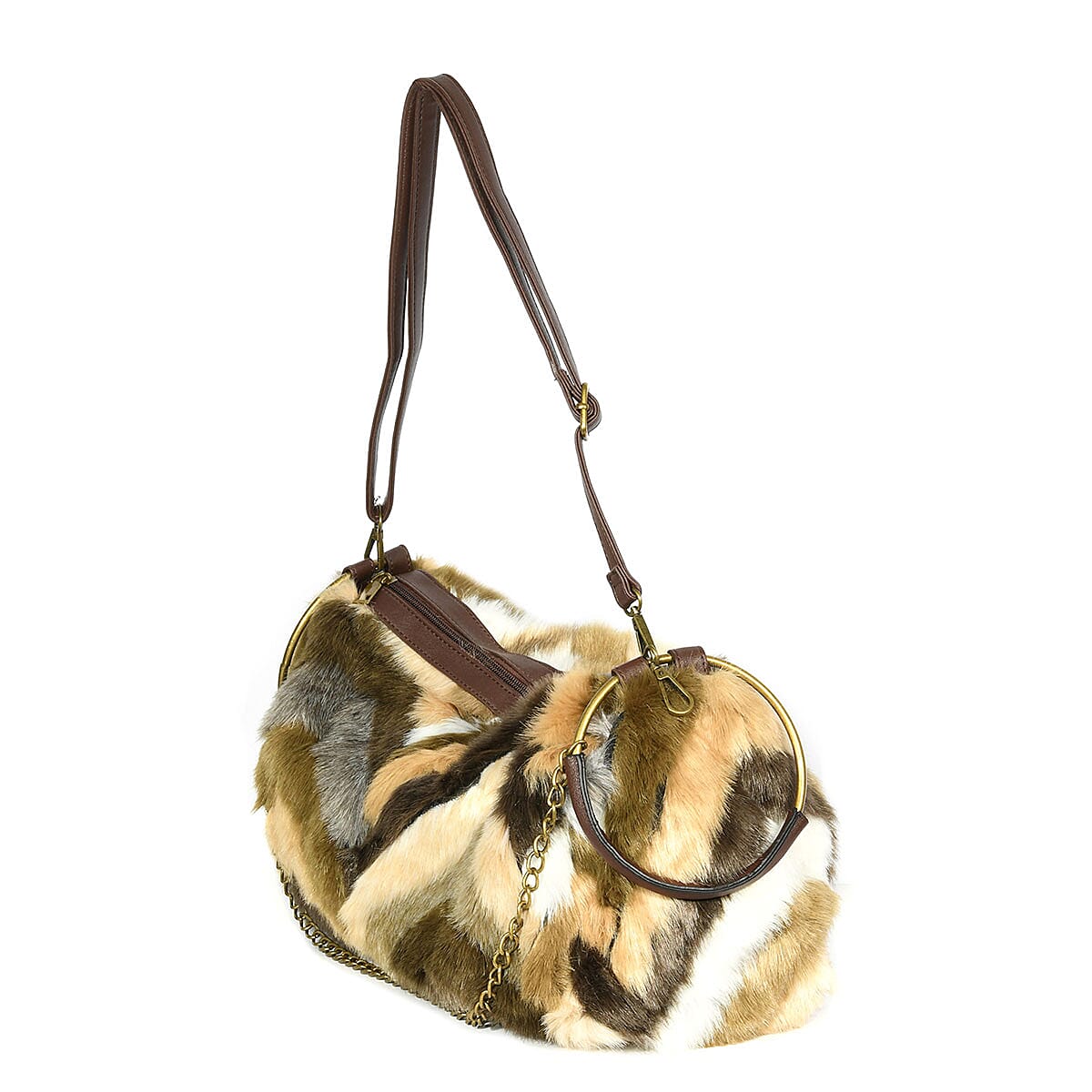 Brown, Multi Color Chevron Acrylic Faux Fur Boho Tote Bag with Detachable Shoulder Strap and Standing Studs image number 2