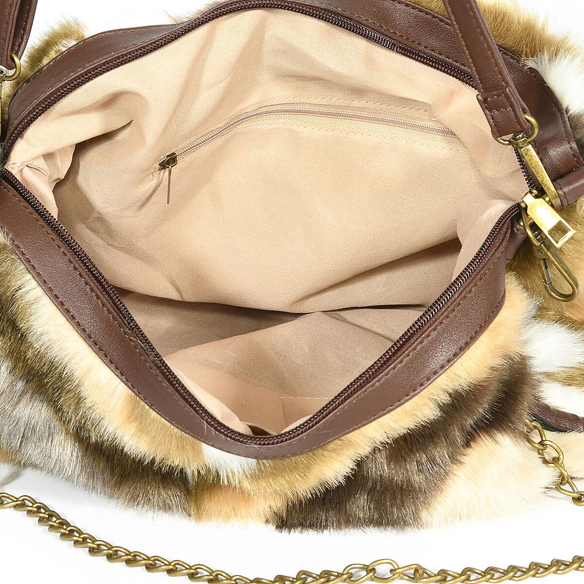 Brown, Multi Color Chevron Acrylic Faux Fur Boho Tote Bag with Detachable Shoulder Strap and Standing Studs image number 3