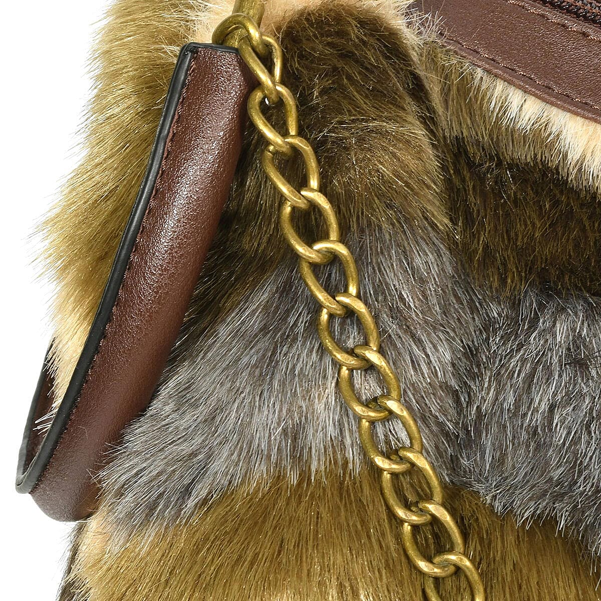 Brown, Multi Color Chevron Acrylic Faux Fur Boho Tote Bag with Detachable Shoulder Strap and Standing Studs image number 4