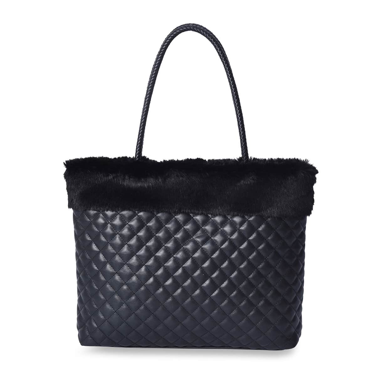 Black Faux Leather Quilted Tote Bag with Faux Fur Trim image number 0