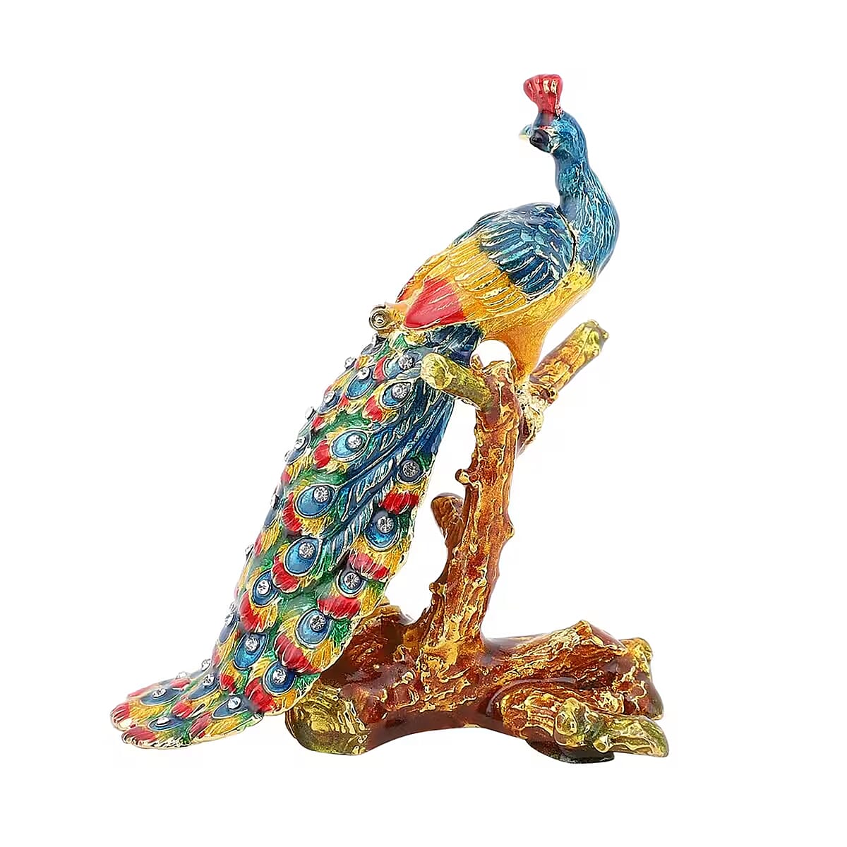 White and Black Austrian Crystal, Enameled Peacock Trinket Box in Goldtone image number 6