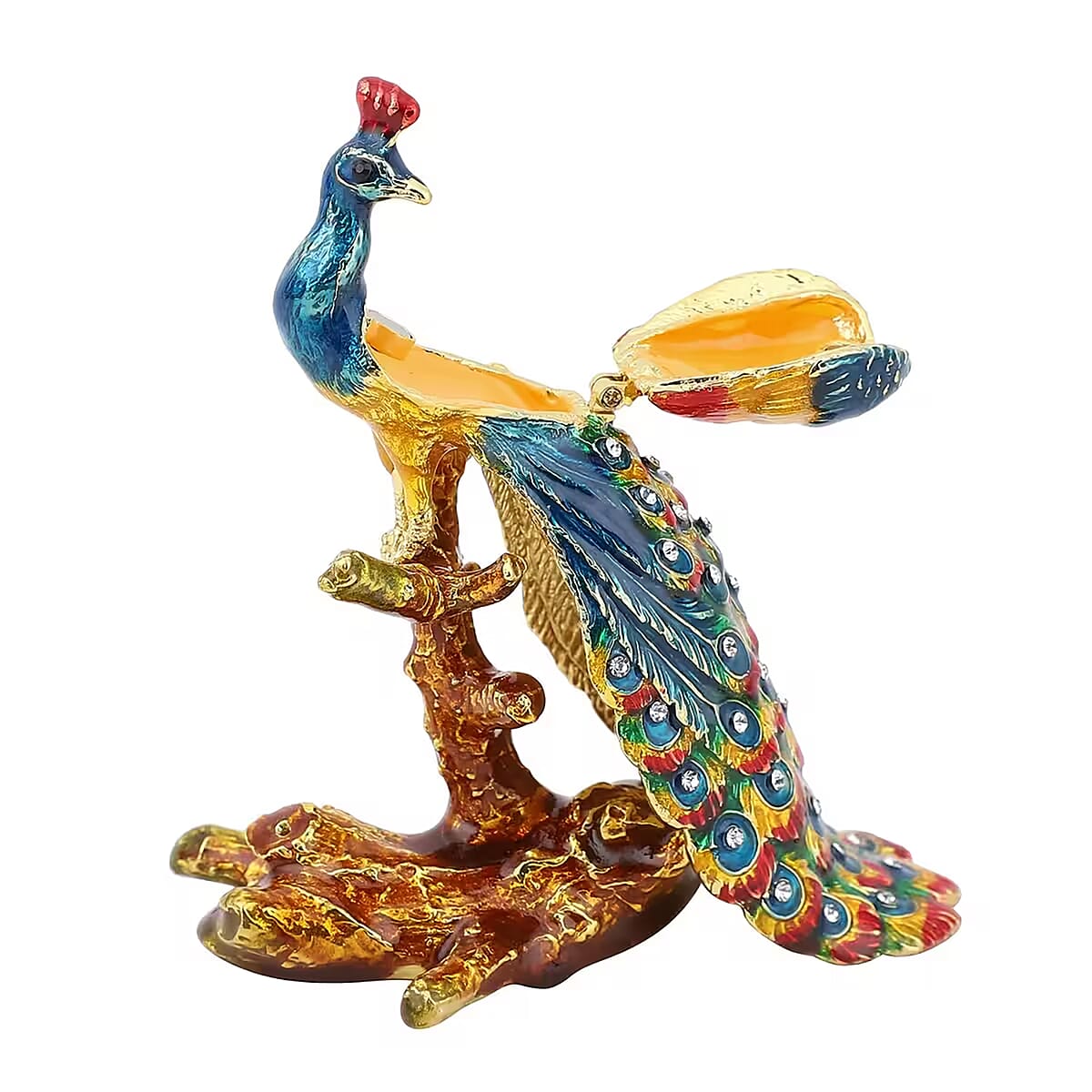 White and Black Austrian Crystal, Enameled Peacock Trinket Box in Goldtone image number 7