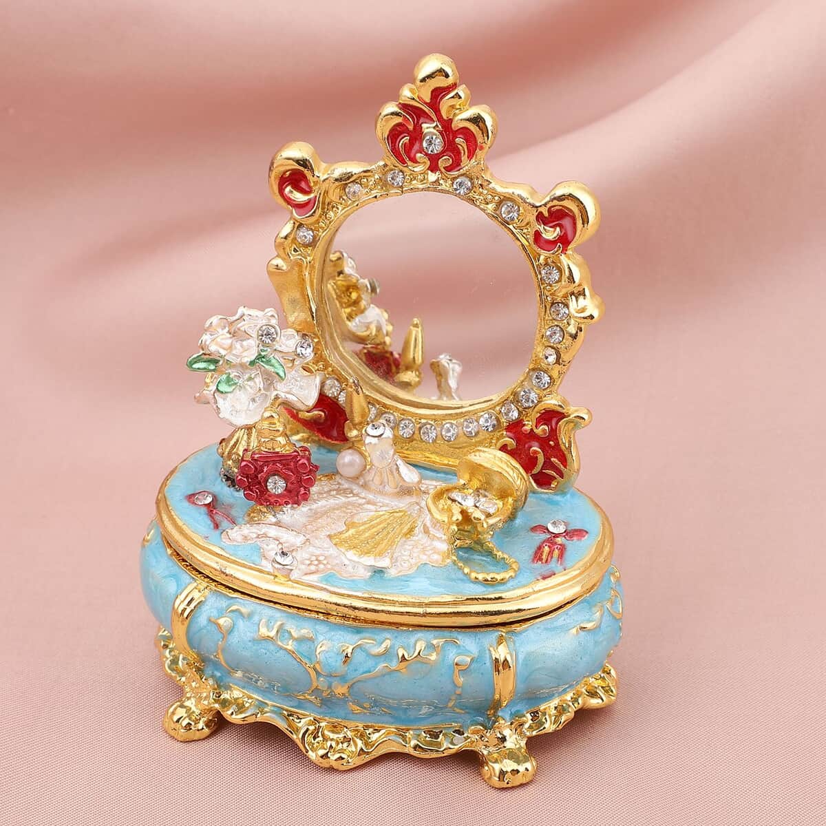 Black Austrian Crystal, Simulated Pearl, Enameled Dresser Trinket Jewelry Box in Goldtone (3x2.5 in) image number 1