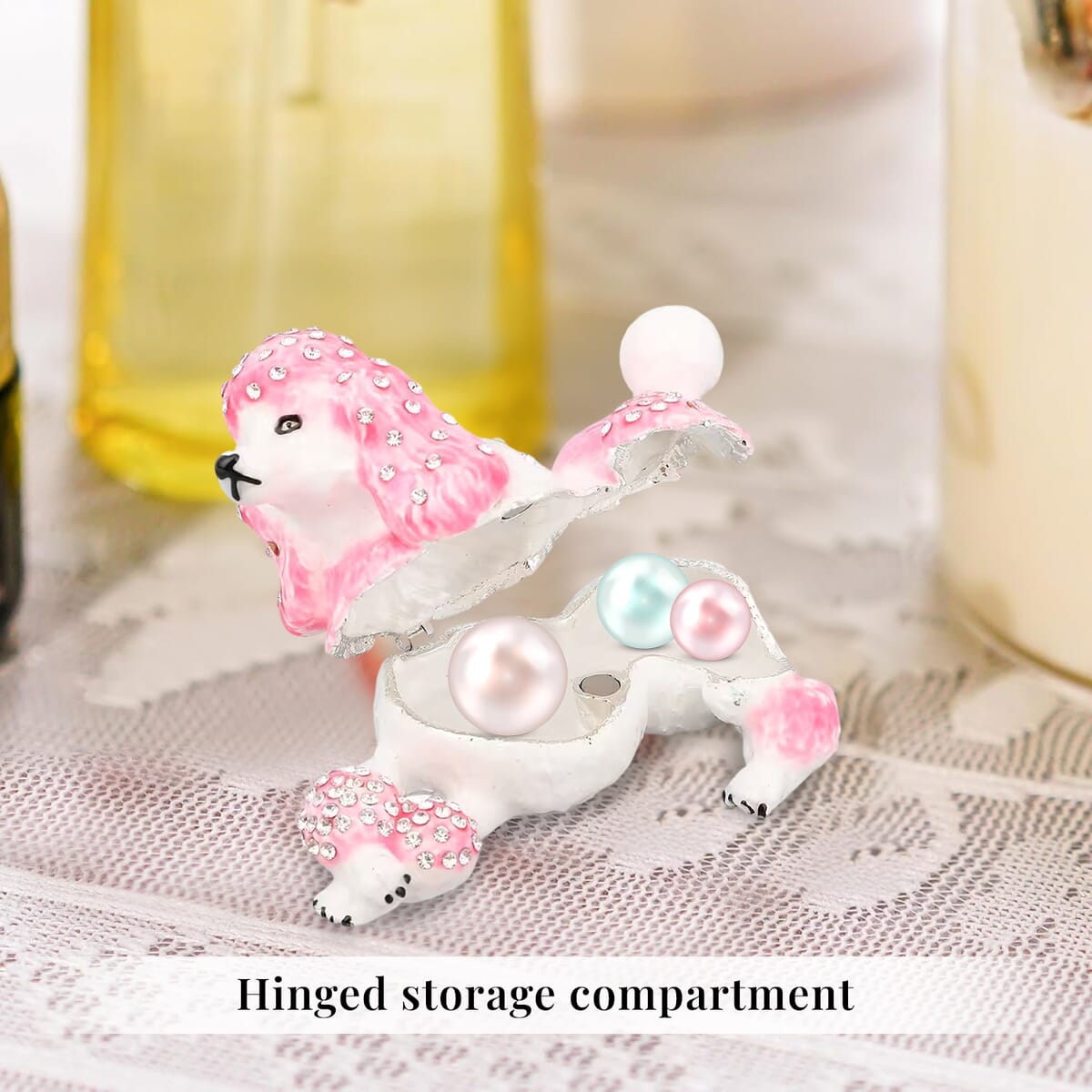 White Austrian Crystal, Enameled Poodle Trinket Box in Silvertone image number 2