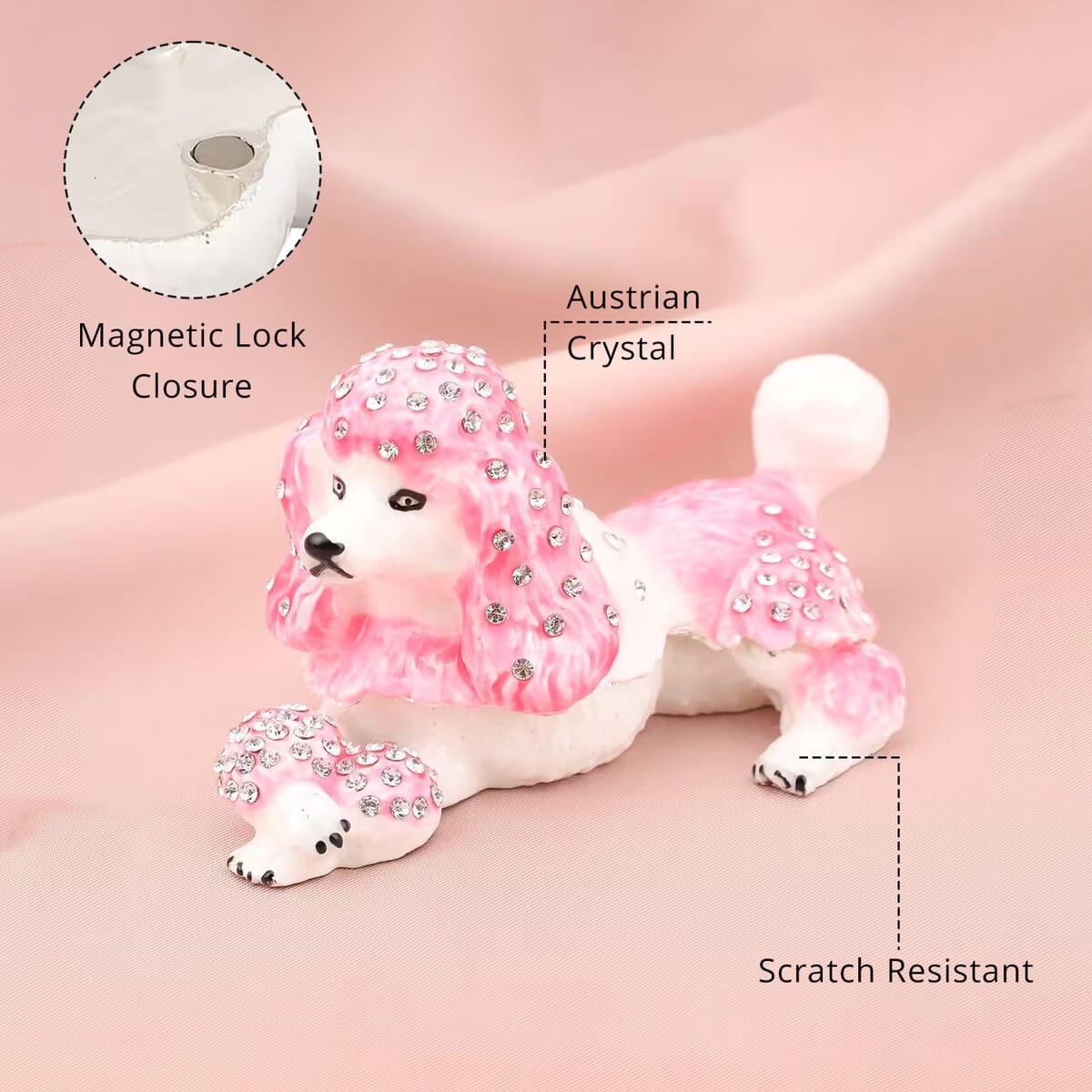 White Austrian Crystal, Enameled Poodle Trinket Box in Silvertone image number 3