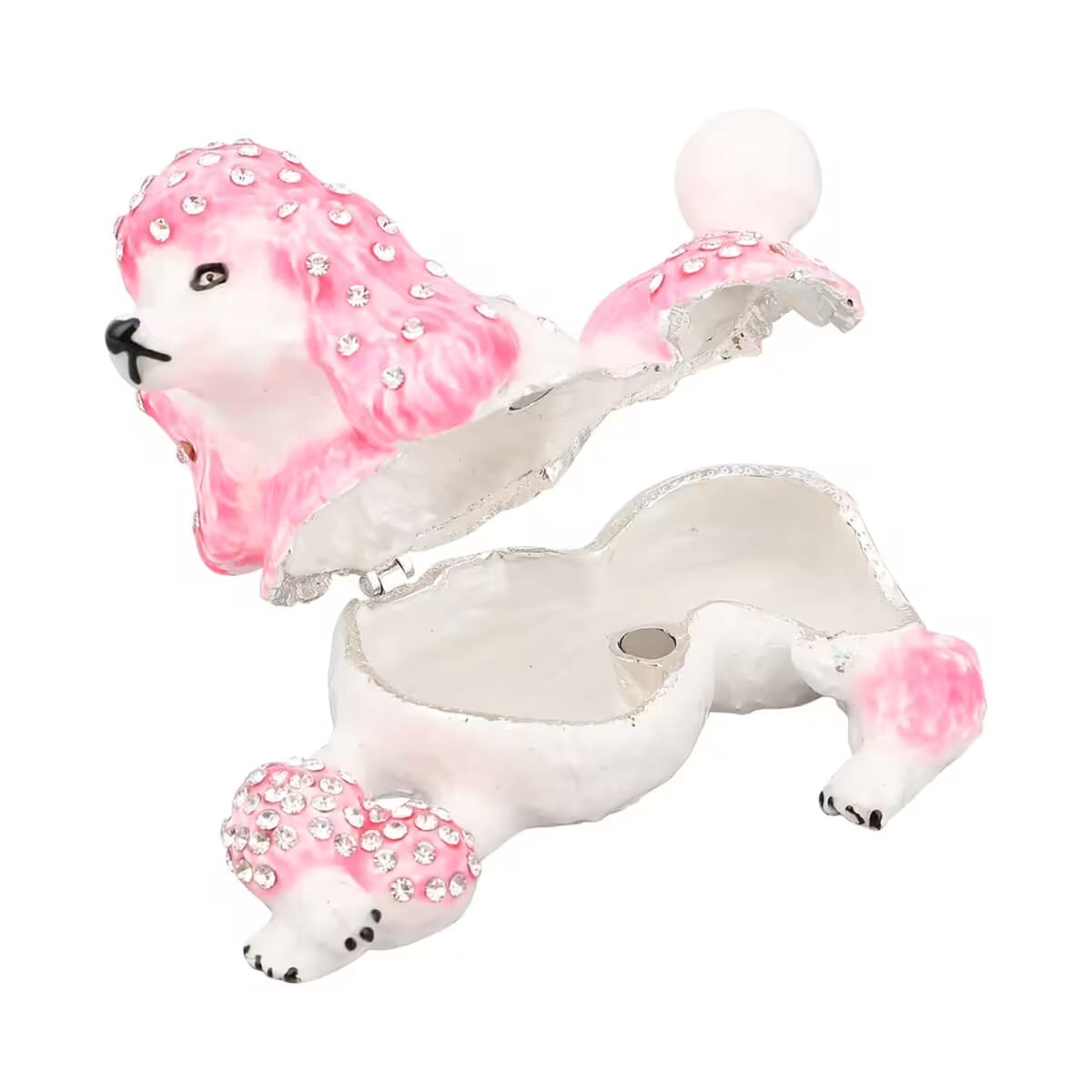 White Austrian Crystal, Enameled Poodle Trinket Box in Silvertone image number 7