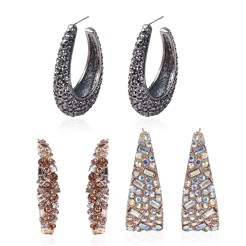 Set of 3 Champagne Austrian Crystal and Aurora Borealis Glass Earrings in Multitone