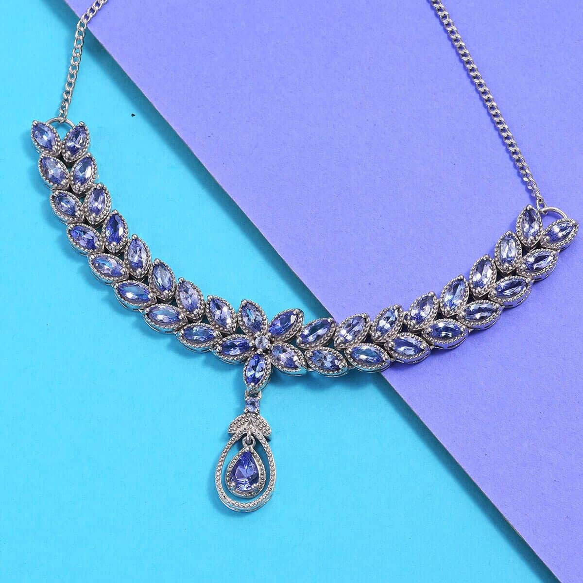 Tanzanite Floral Necklace 18-20 Inches in Platinum Over Sterling Silver 18 Grams 9.50 ctw image number 1