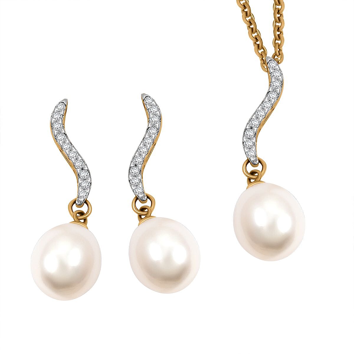 Fresh Water Pearl, Diamond Gold Over Sterling Silver Earrings, Pendant TDiaWt 0.150 Cts. TDiaWt 0.15Cts., TGW 1.400 Cts. TDiaWt 0.15Cts., TGW 1.40 Cts.