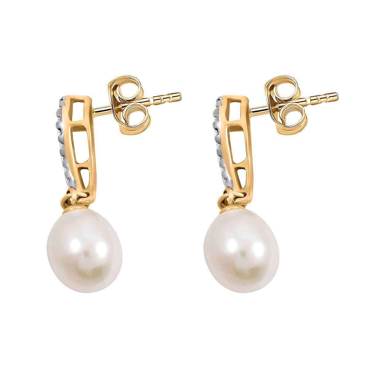 Fresh Water Pearl, Diamond Gold Over Sterling Silver Earrings, Pendant TDiaWt 0.150 Cts. TDiaWt 0.15Cts., TGW 1.400 Cts. TDiaWt 0.15Cts., TGW 1.40 Cts.