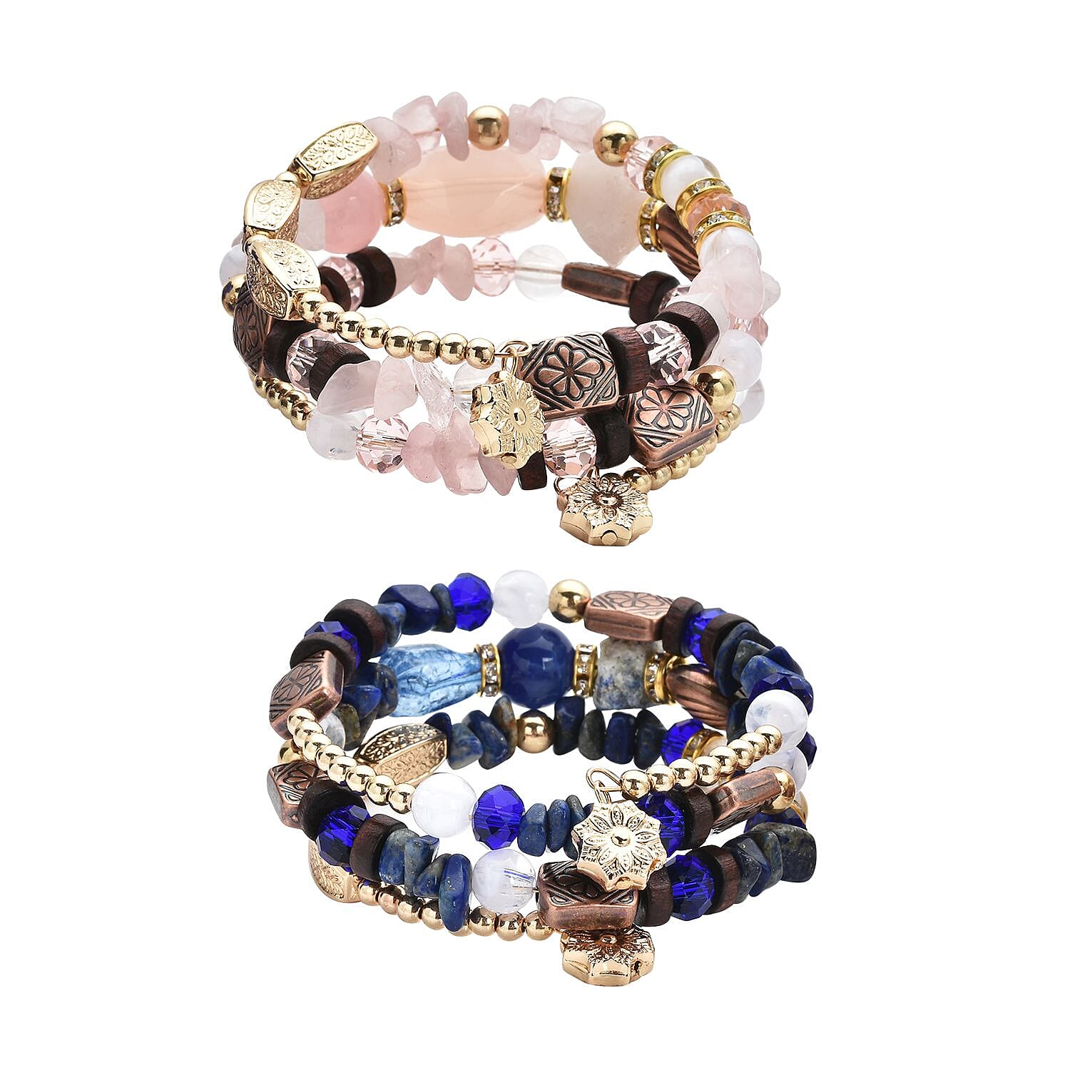 Lapis Lazuli and Multi Gemstone Set of 2 Wrap Bracelets in Goldtone 63.00 ctw