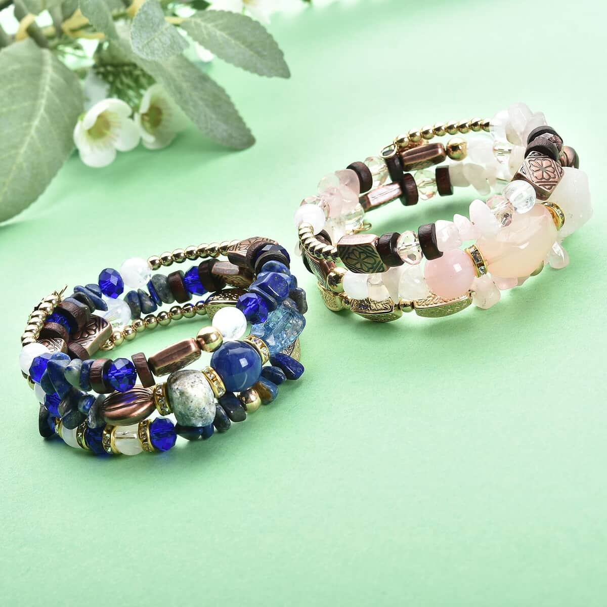 Lapis Lazuli and Multi Gemstone Set of 2 Wrap Bracelets in Goldtone 63.00 ctw image number 1