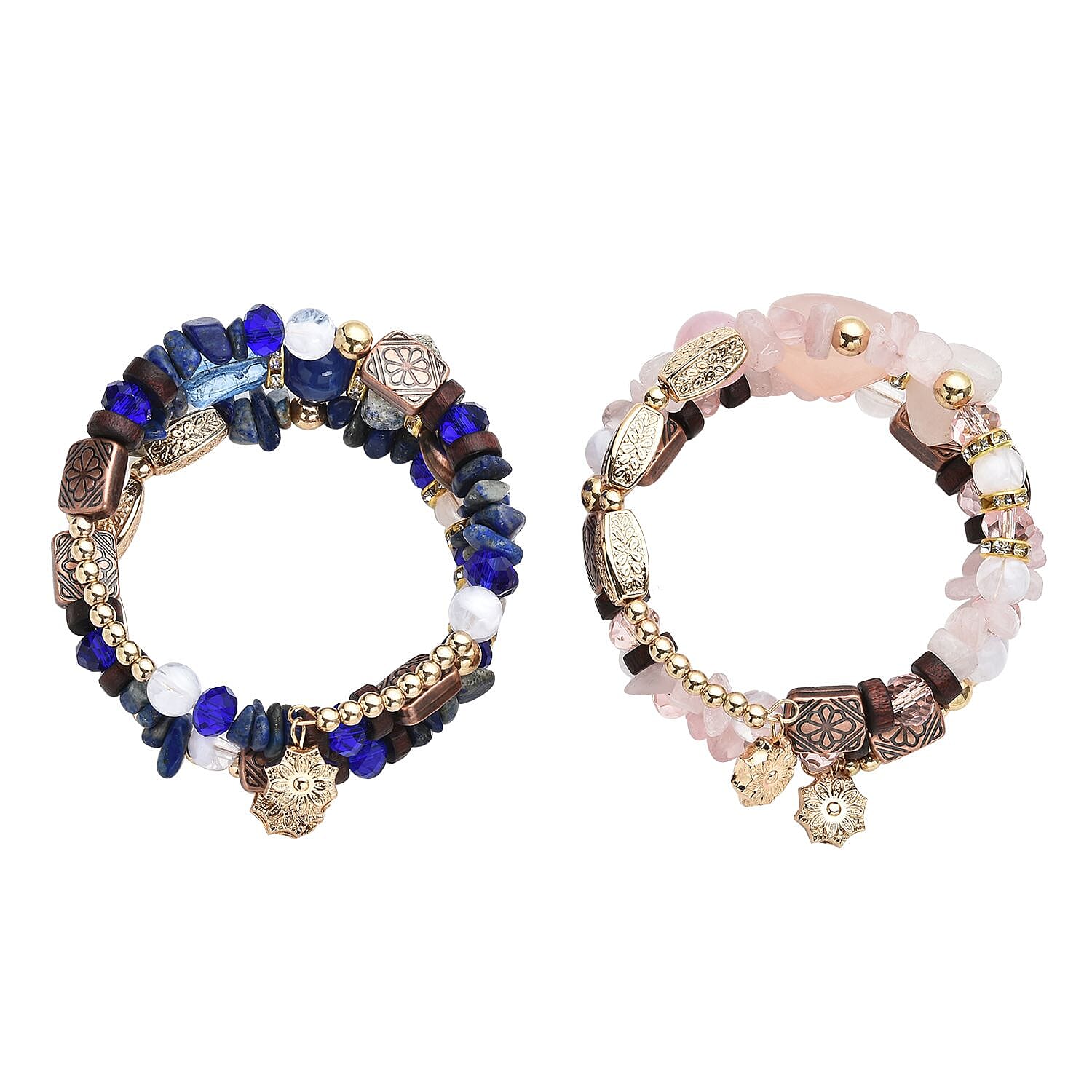 Lapis Lazuli and Multi Gemstone Set of 2 Wrap Bracelets in Goldtone 63.00 ctw