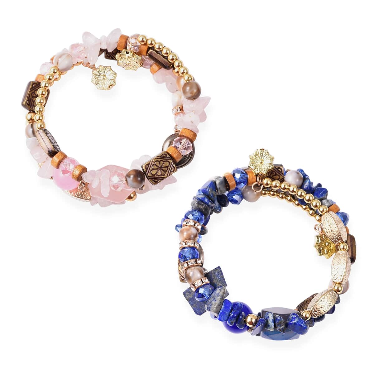 Lapis Lazuli and Multi Gemstone Set of 2 Wrap Bracelets in Goldtone 63.00 ctw image number 5