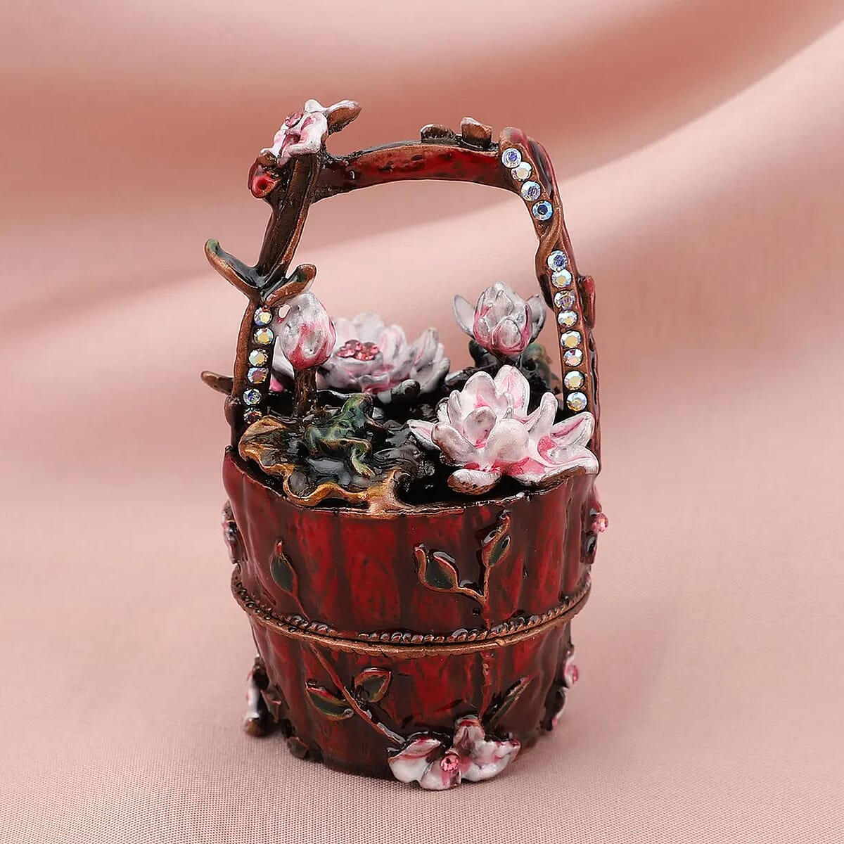 Pink & Aurora Borealis Austrian Crystal, Enameled Rose Trinket Jewelry Box in Dualtone image number 1