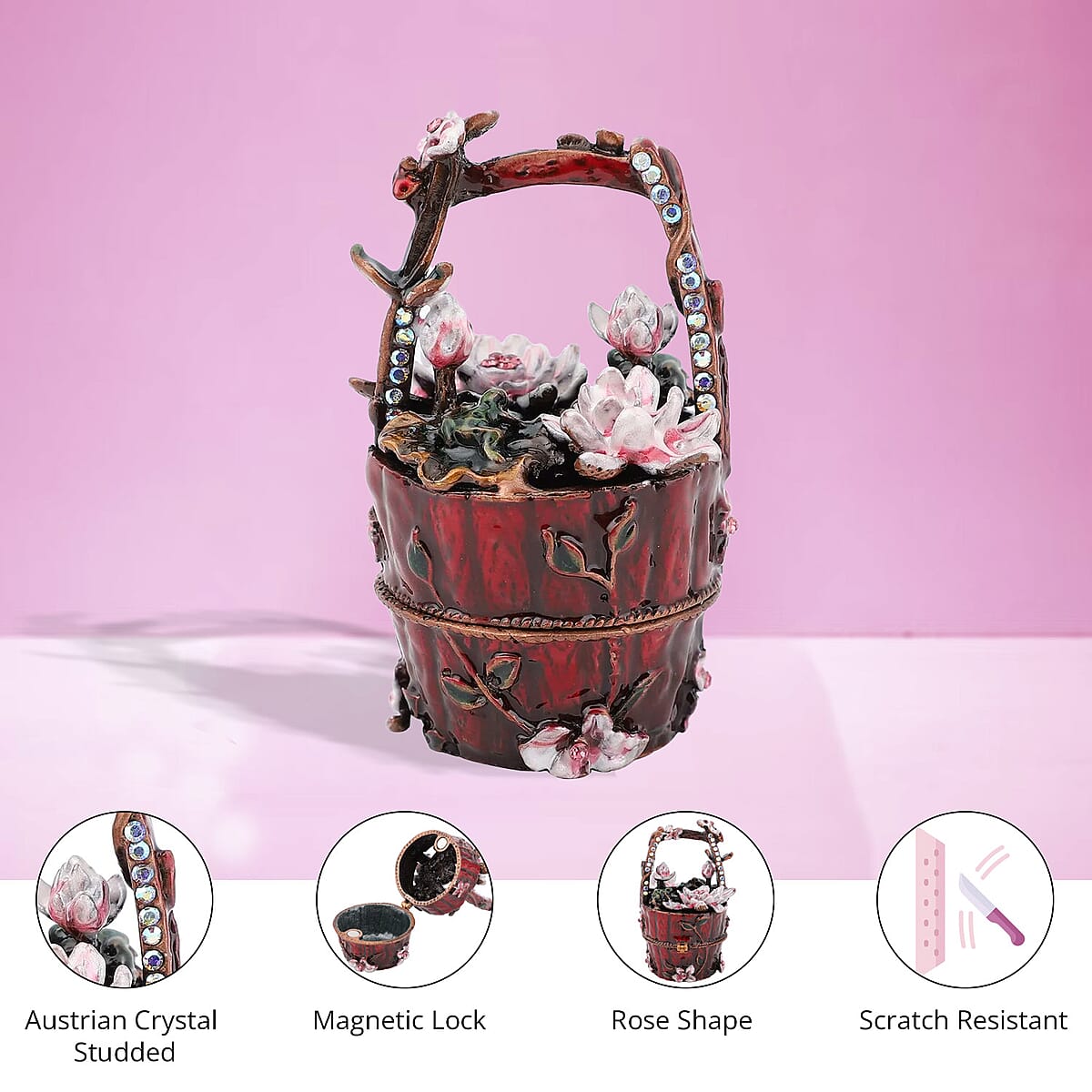 Pink & Aurora Borealis Austrian Crystal, Enameled Rose Trinket Jewelry Box in Dualtone image number 2