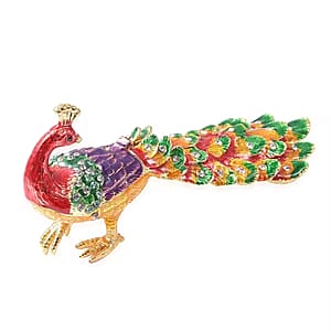 Livmore White Austrian Crystal, Enameled Peacock Trinket Box in Goldtone